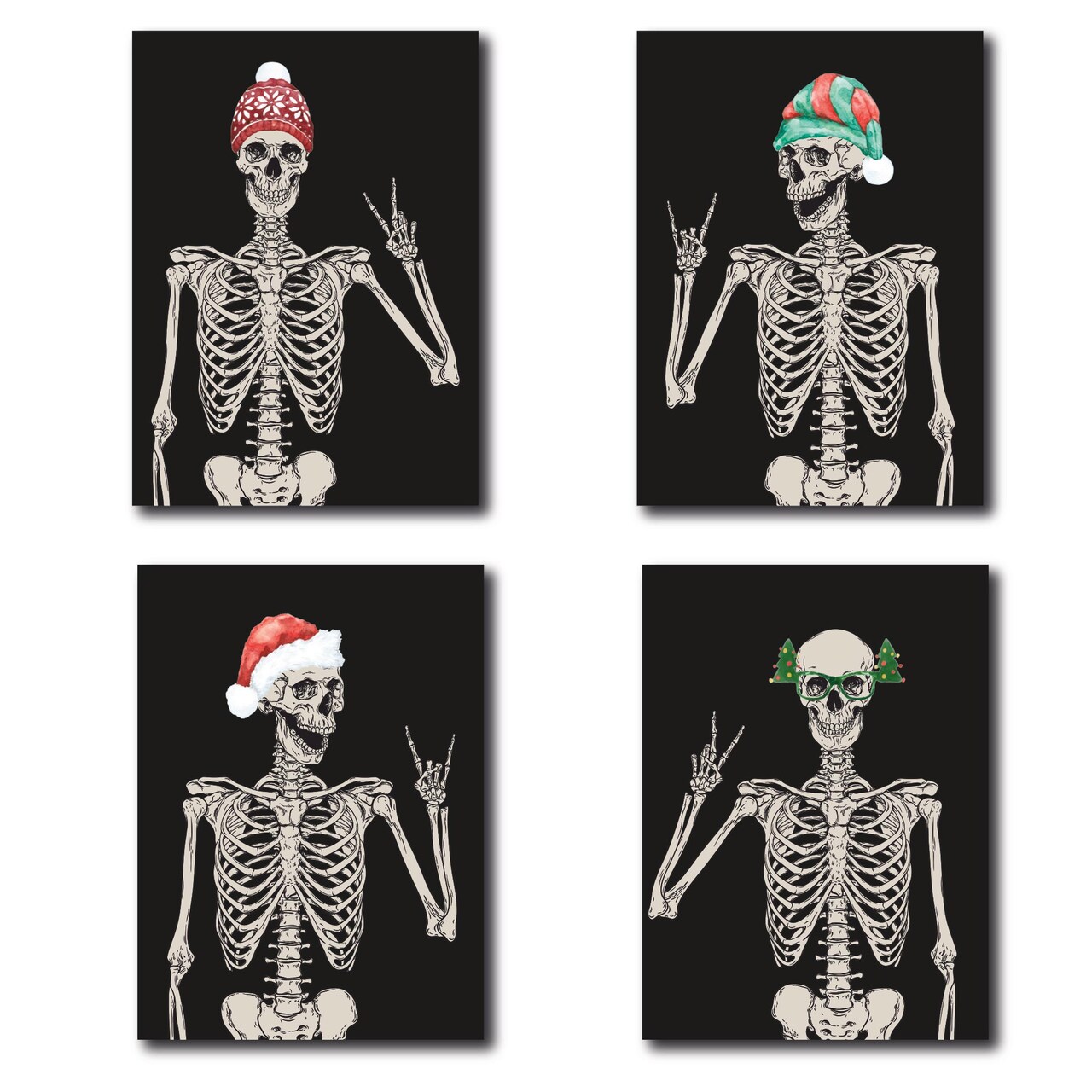 Skeleton Christmas Greeting Cards - 24-Pack Holiday Note Cards with 4 Unique Skeleton Designs in Festive Hats, Blank Inside for Merry Christmas & Happy Holiday Messages, Fun and Alternative Seasonal Stationery Set